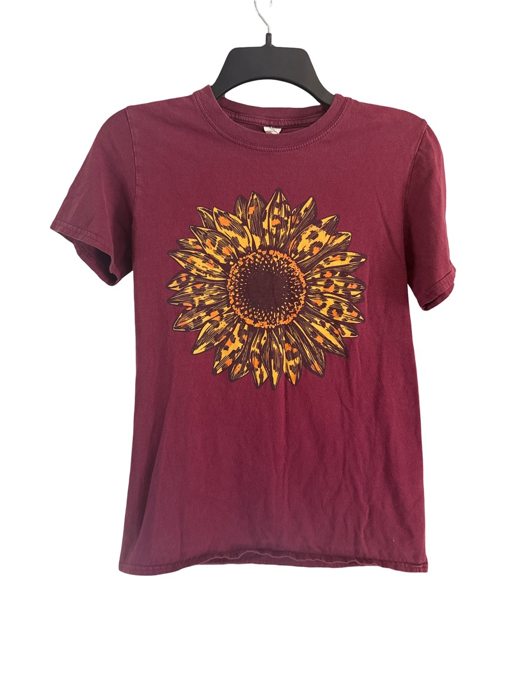 Gildan Maroon Short Sleeve Tee with Yellow Sunflower Graphic
